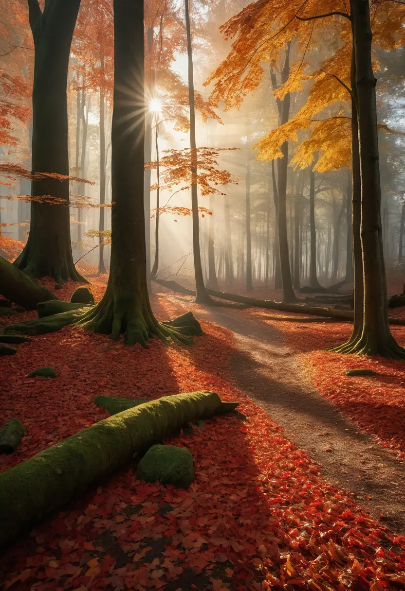 Autumn forest glowing with golden hour sunlight and falling leaves
