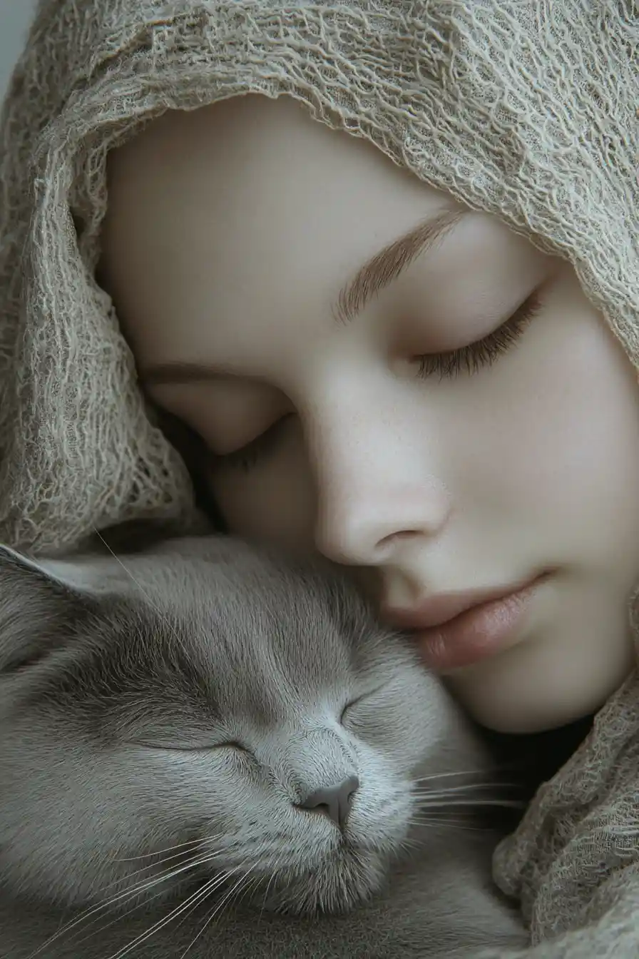 Young woman resting peacefully with a sleeping gray cat