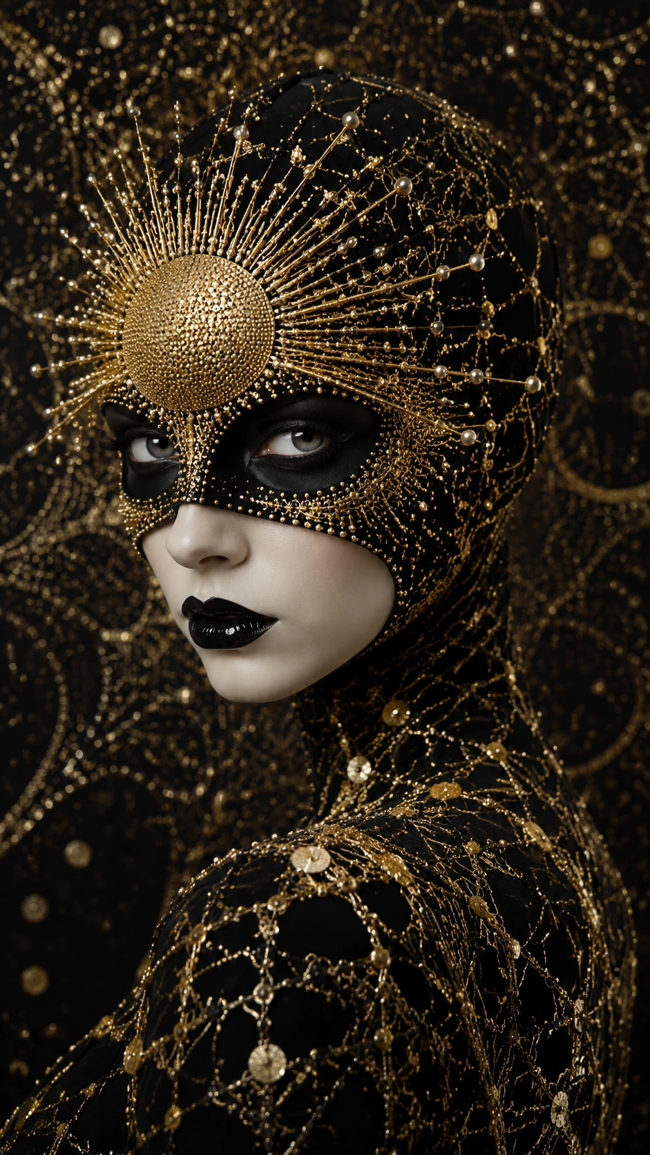Masked woman in ornate black and gold haute couture close up