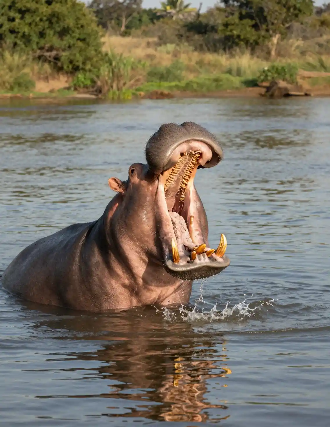Hippopotamus yawning in a calm sunlit African river