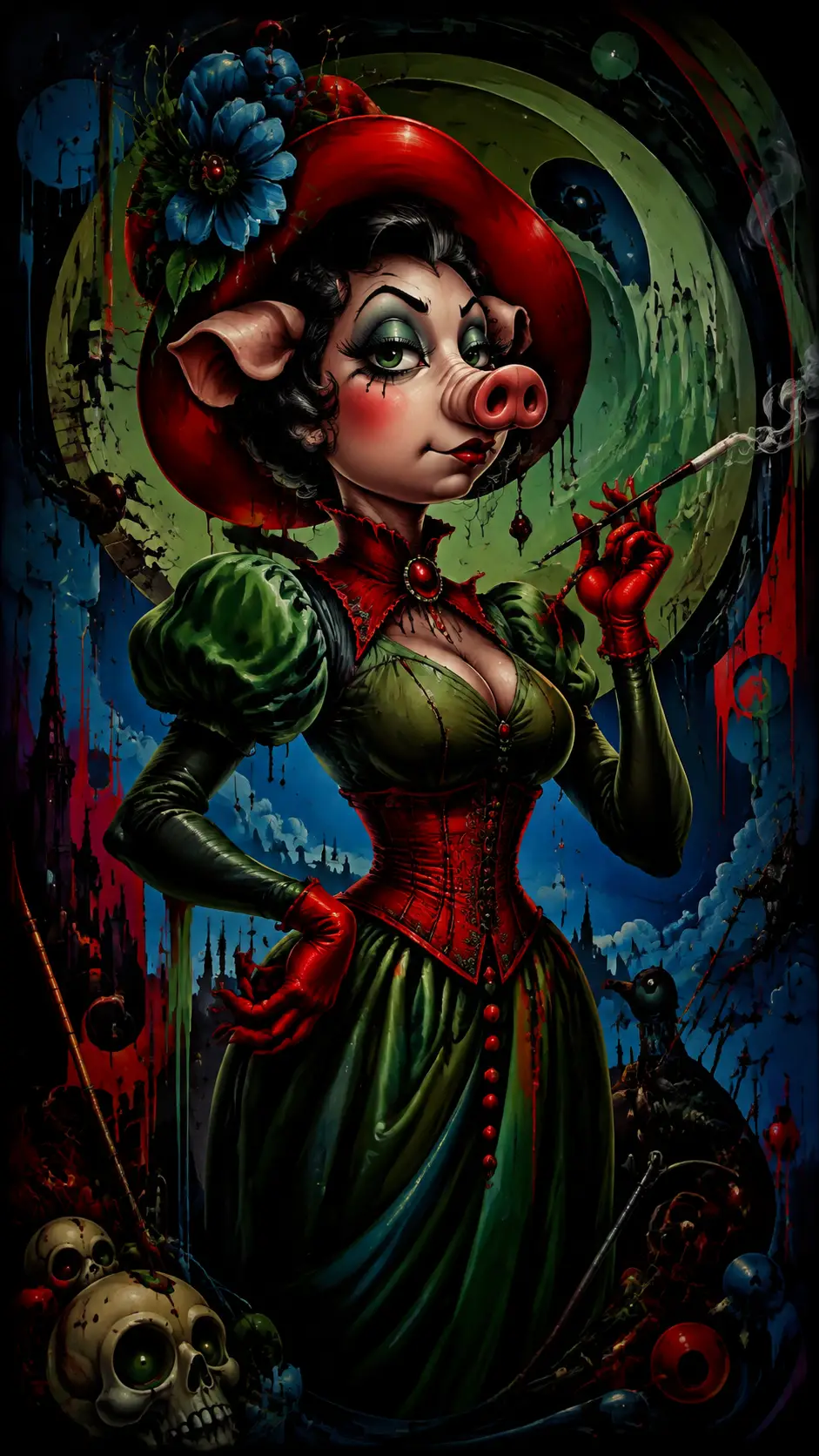 Surreal woman in bold green blue and red illustration