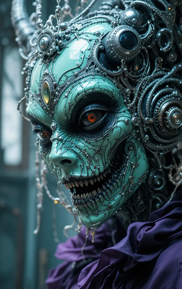Creepy Rococo monster with metallic black eyes and satin trim