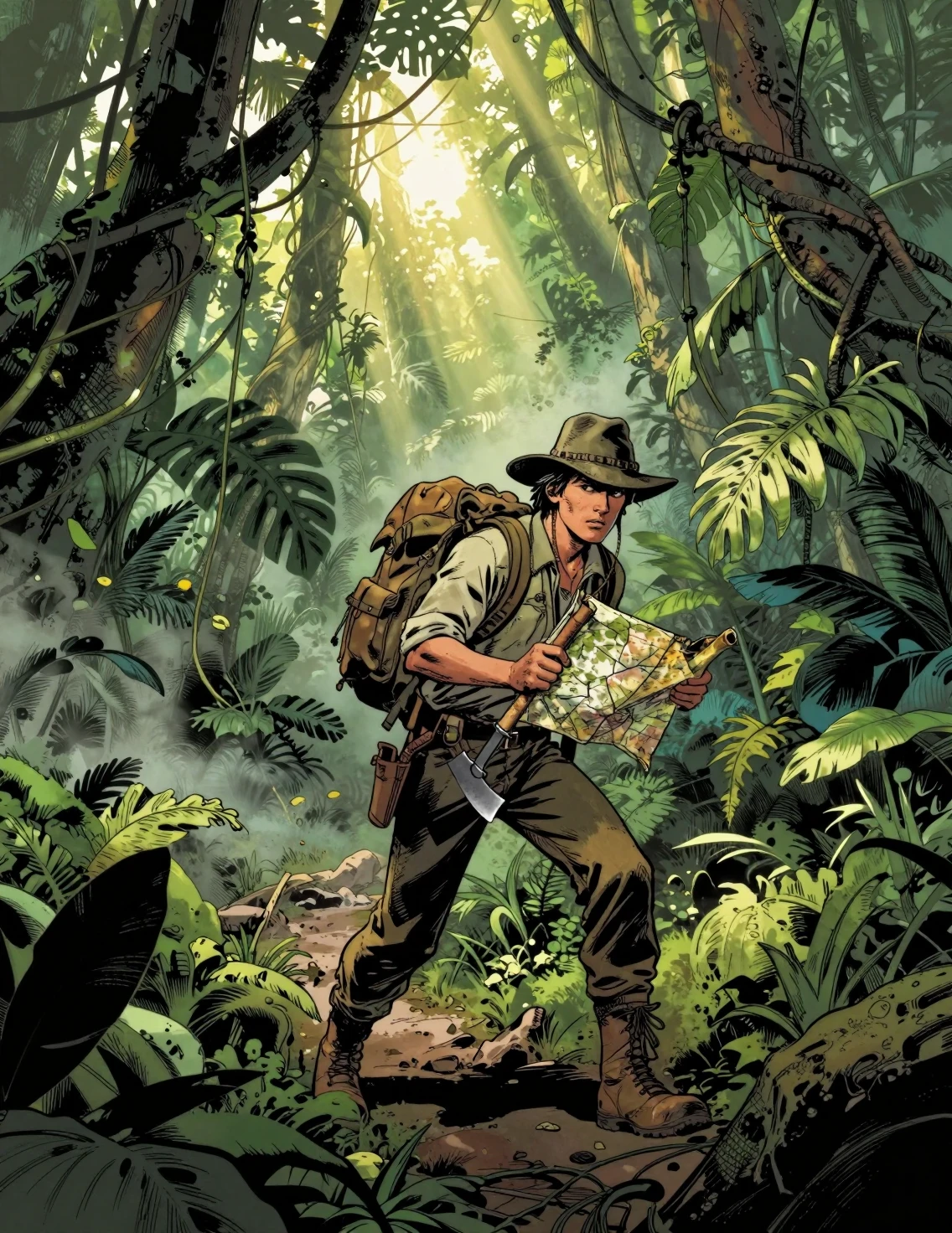 Fearless jungle explorer on a misty tropical trail