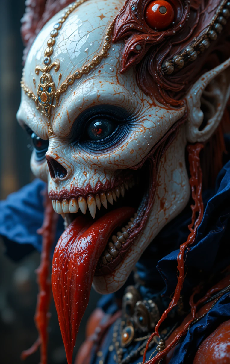 Creepy monster with metallic eyes and blood red tongue