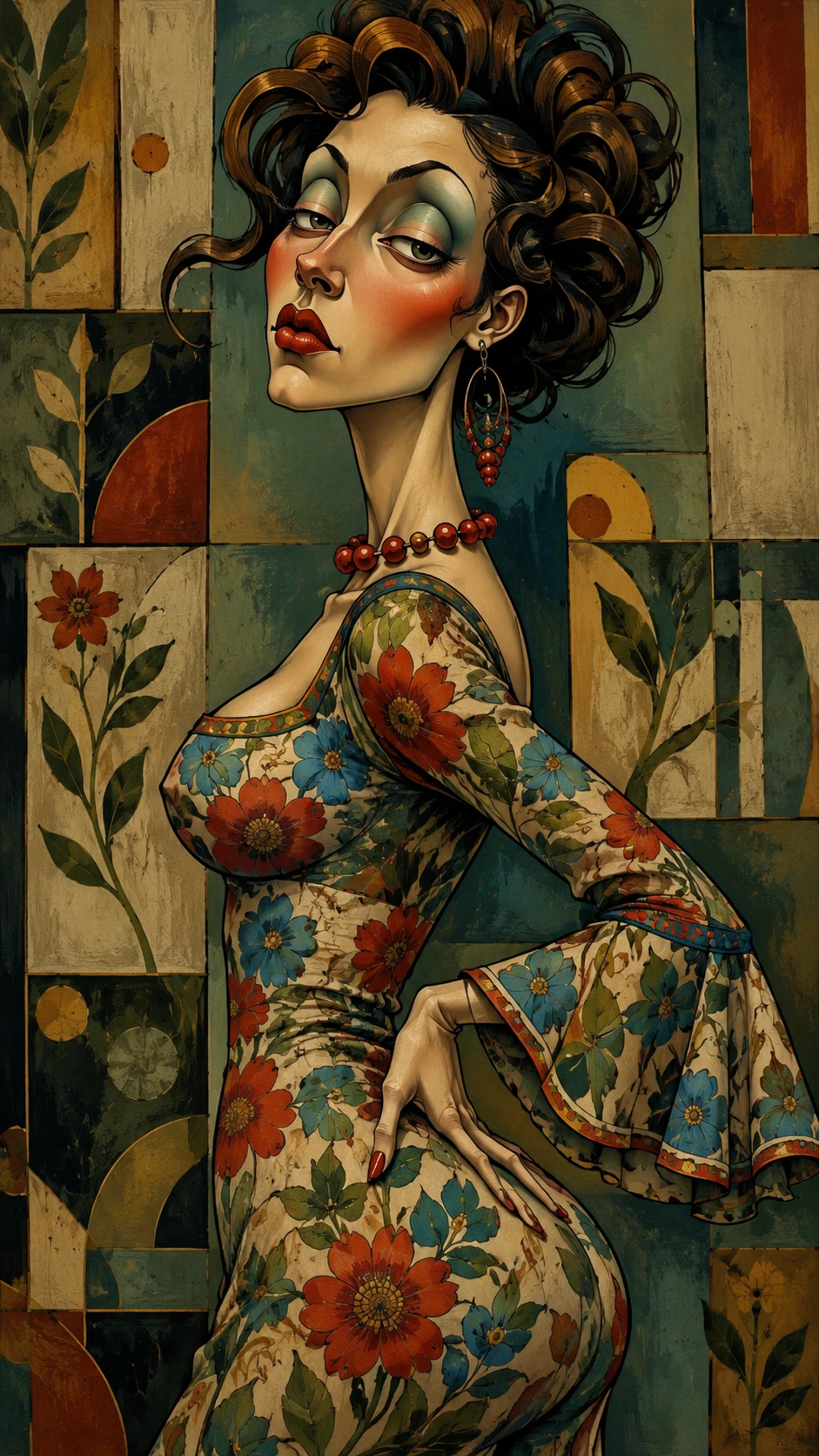 Stylized woman in a floral dress with strong shadows