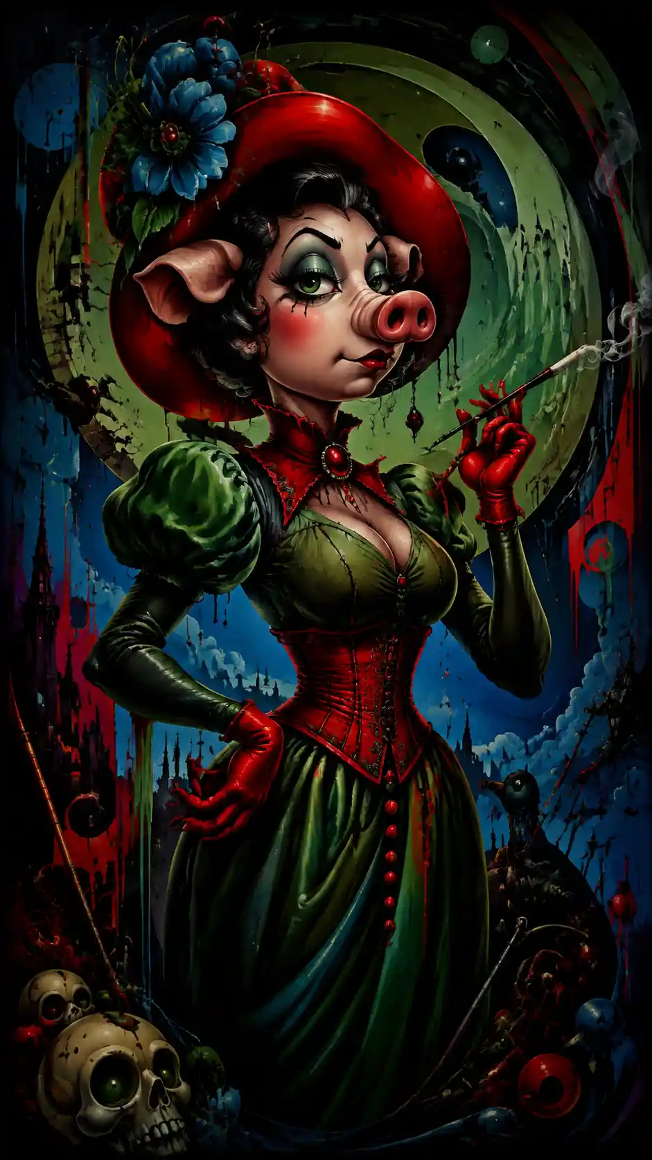 Surreal woman in bold green blue and red illustration