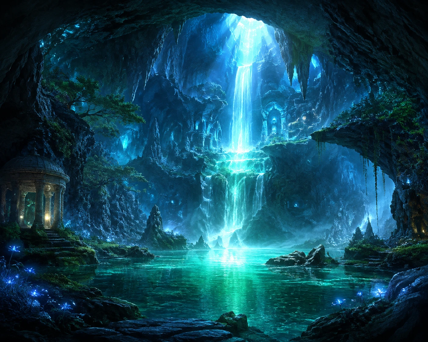Mystical cave waterfall pouring into glowing emerald lake