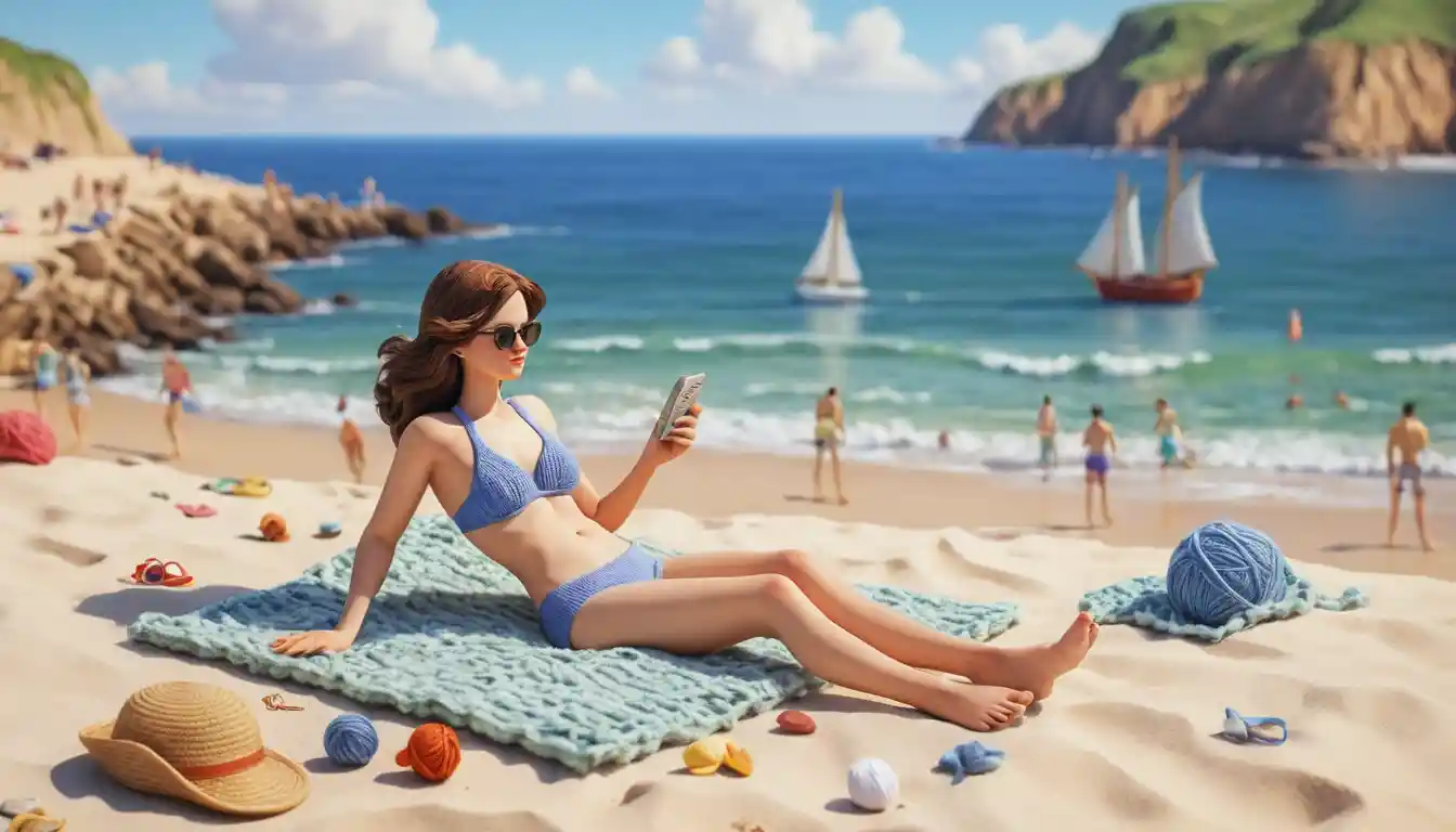 Kurvige Frau im Bikini entspannt an einem sonnigen Strand