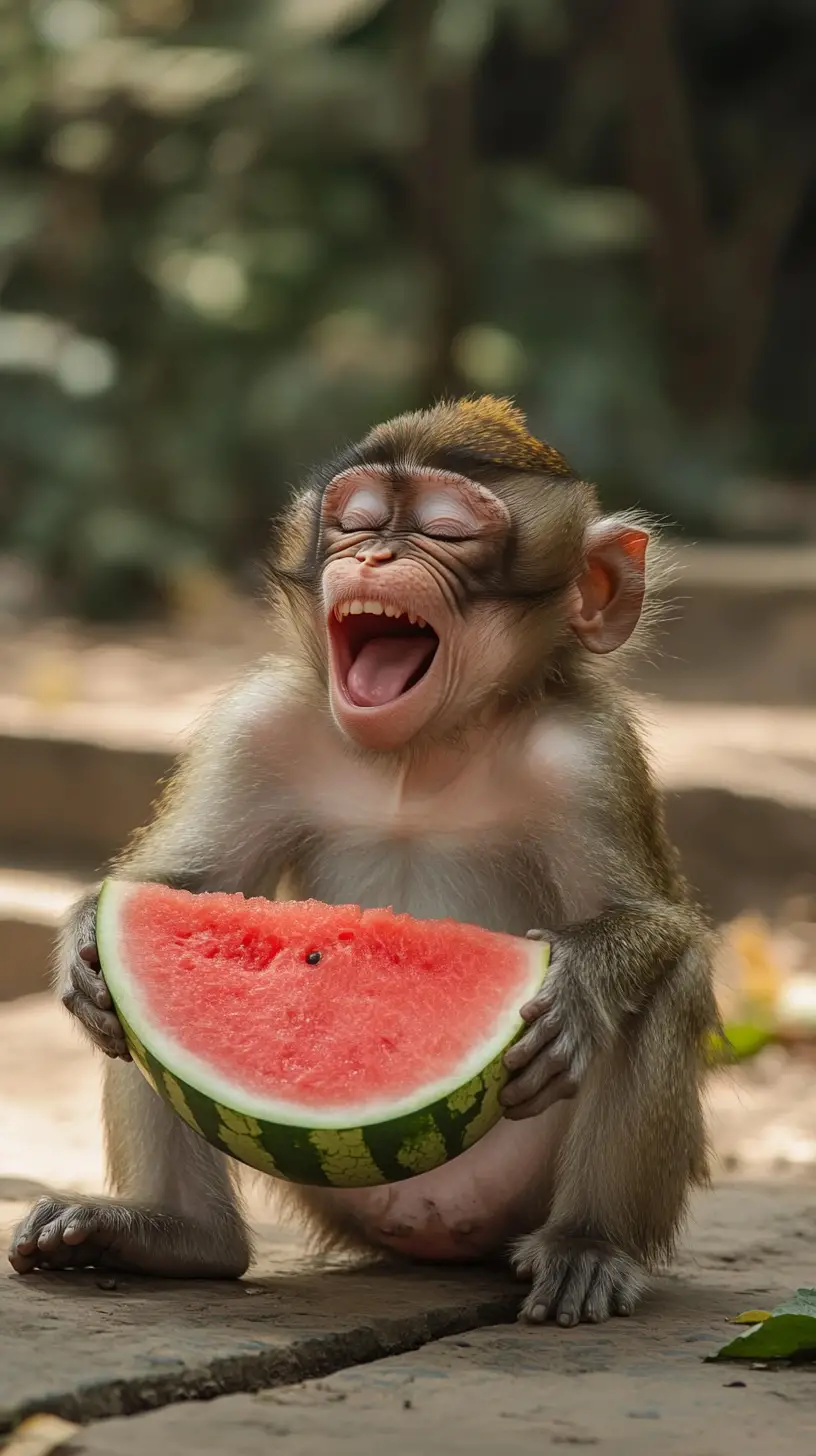 Monkey sitting in a busy market receiving a watermelon