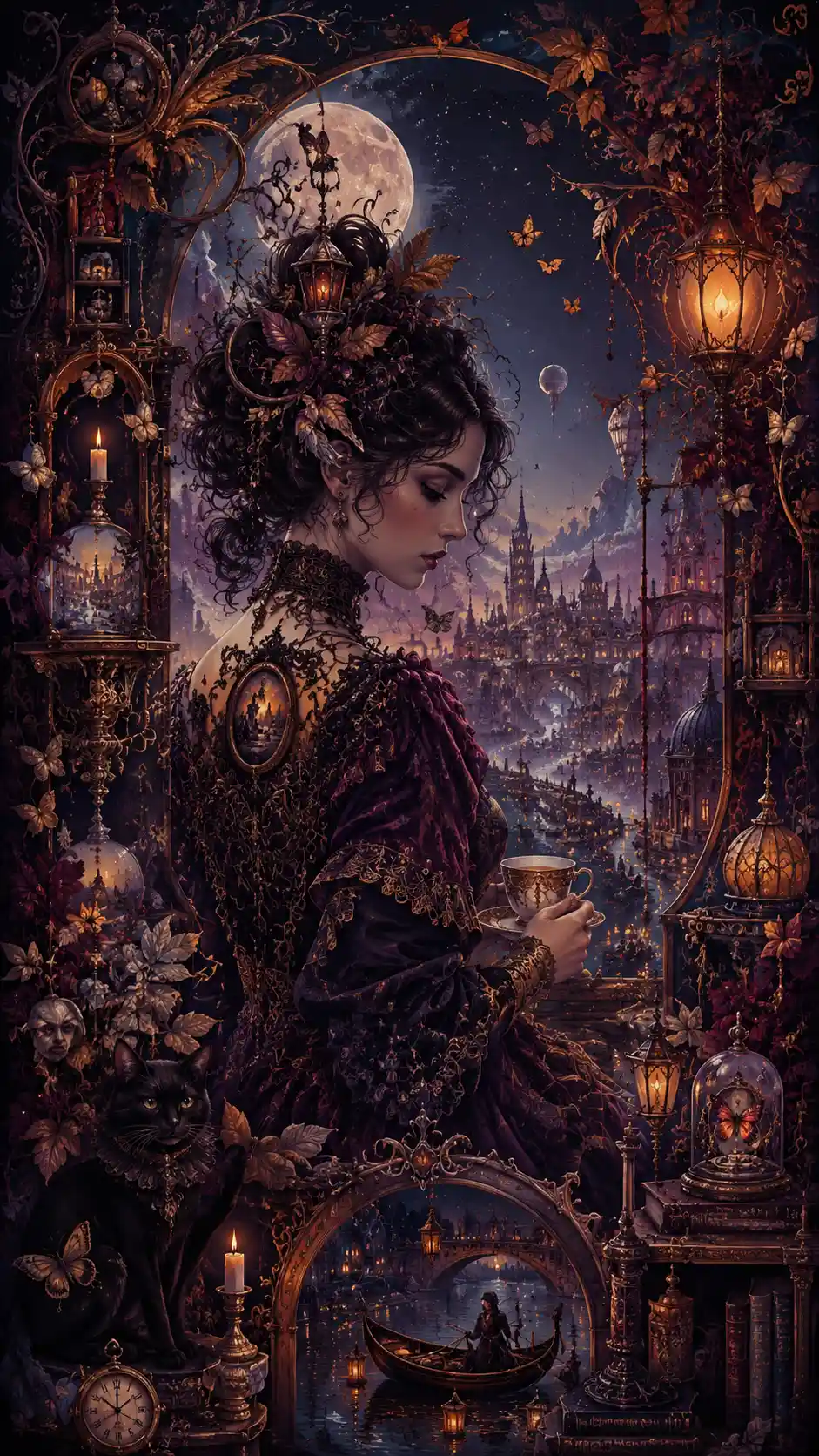 Whimsical gothic fantasy scene with glowing lanterns