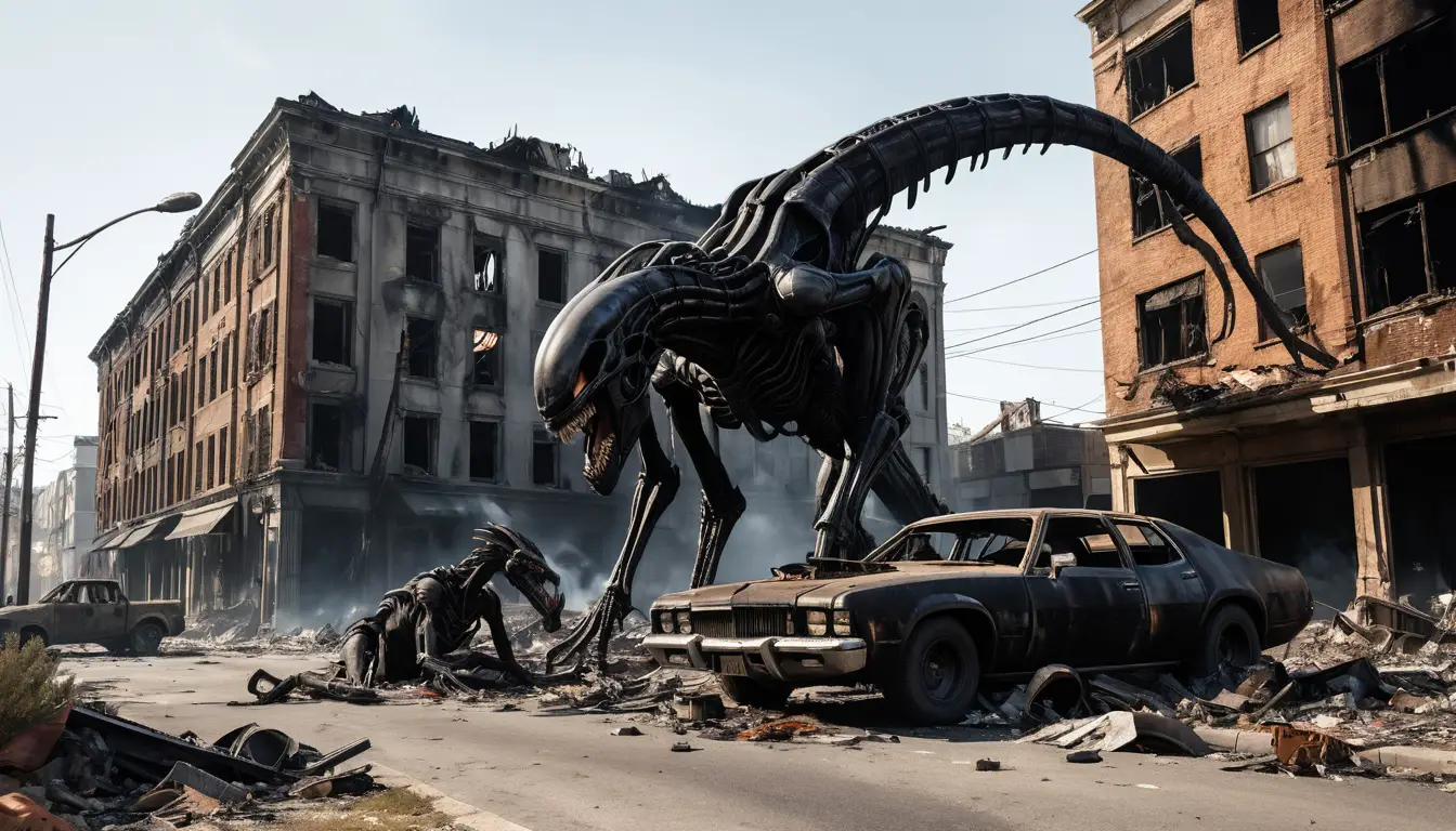 Alien attack on empty post apocalyptic city street