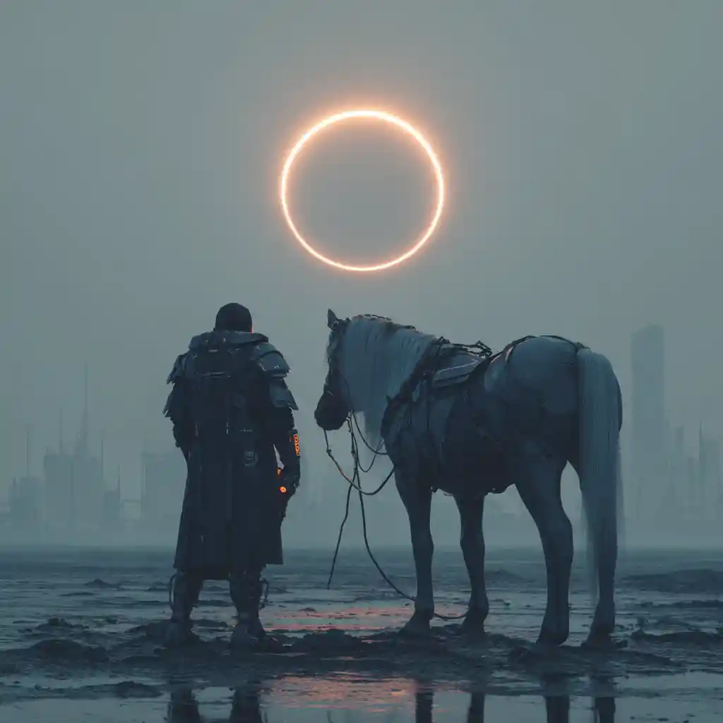 Cyberpunk knight and horse under a surreal solar eclipse