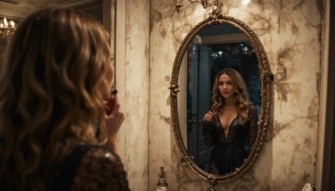 Woman doing makeup in bathroom with eerie eyes behind