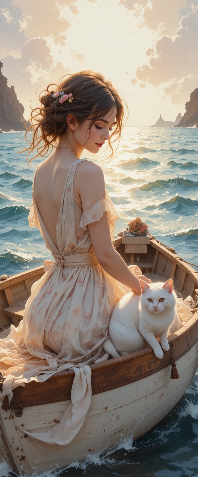 Woman and cat on a small boat in dreamy watercolor