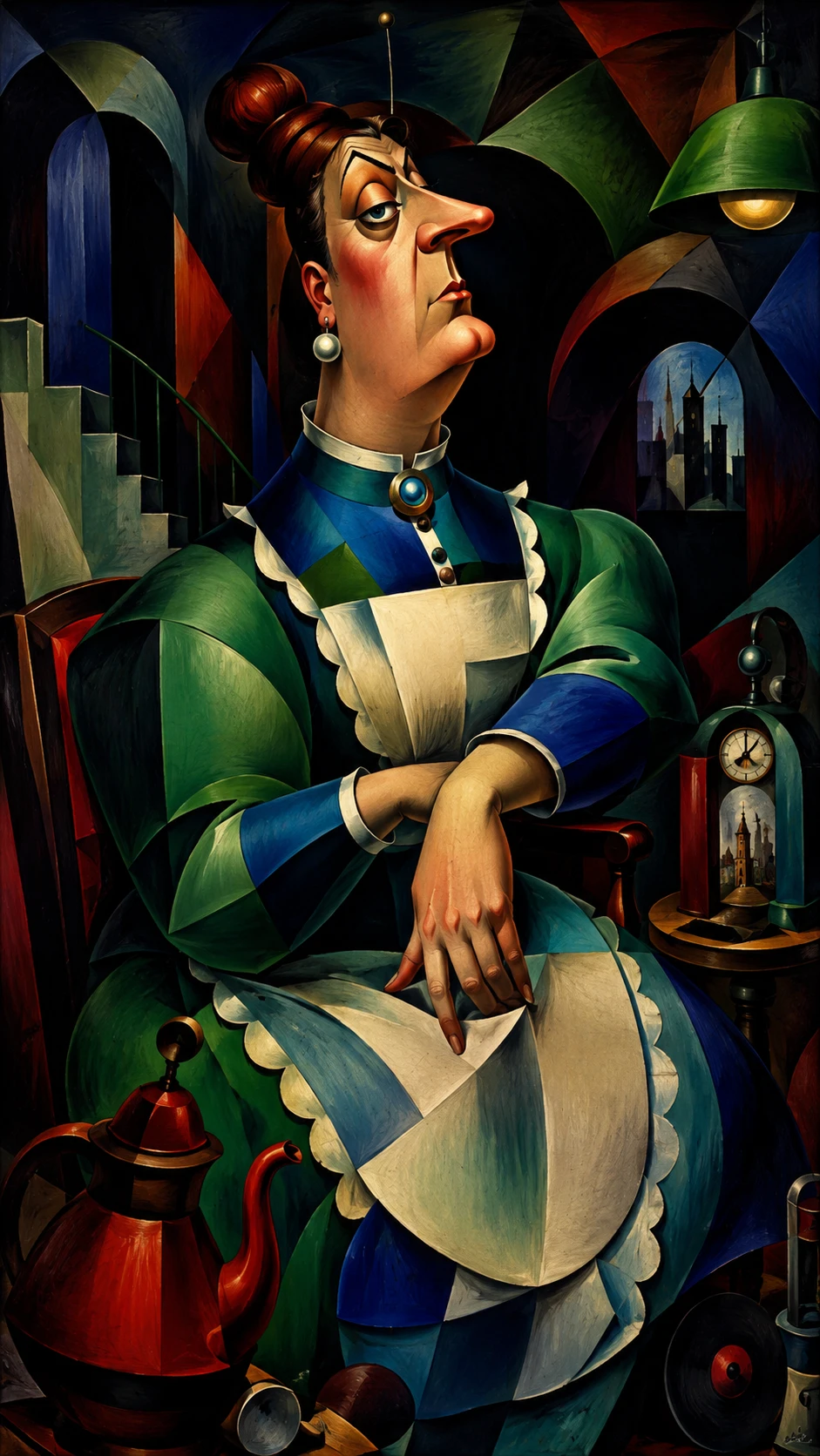 Surreal satirical portrait of a woman in bold primary colors