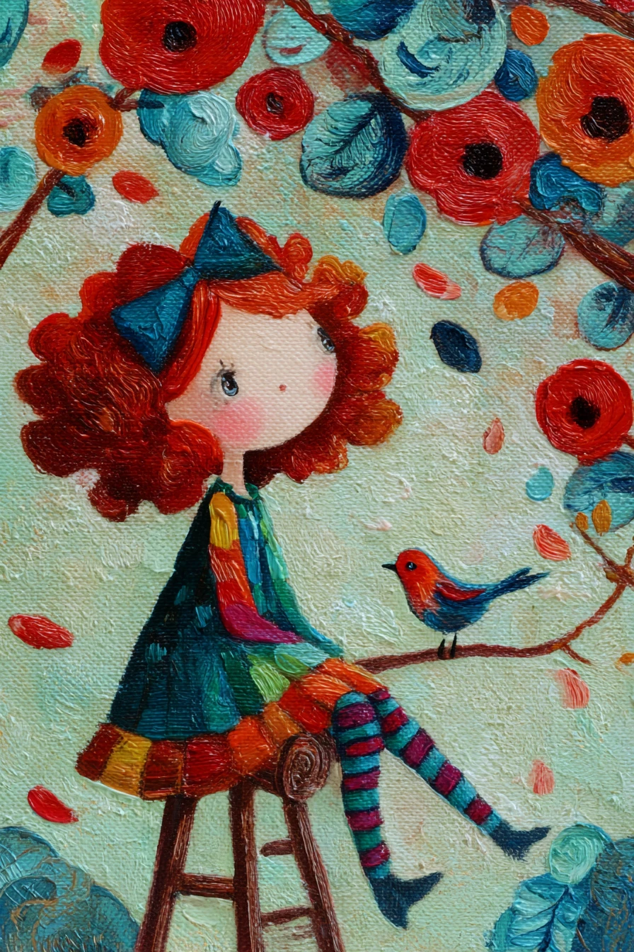 Red haired girl under a flowering tree in impasto style