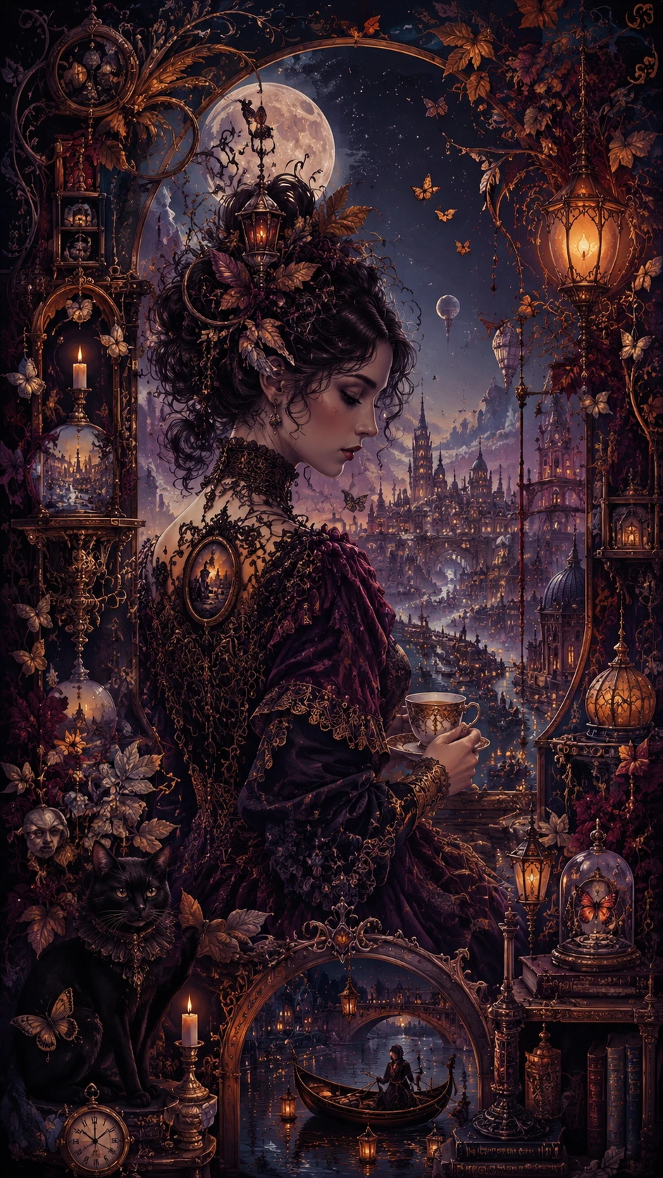 Whimsical gothic fantasy scene with glowing lanterns