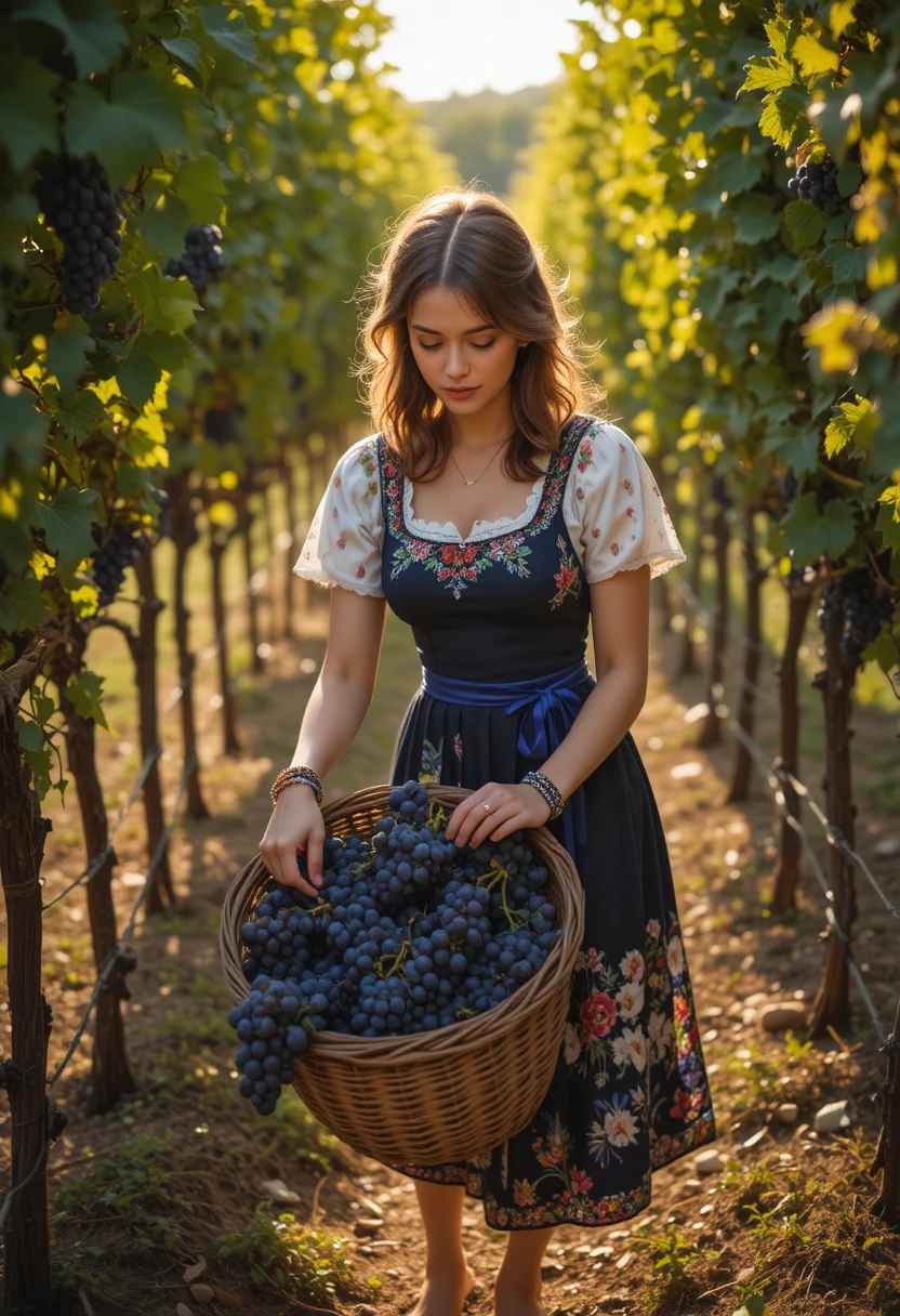 Italian woman harvesting grapes in a sunlit vineyard