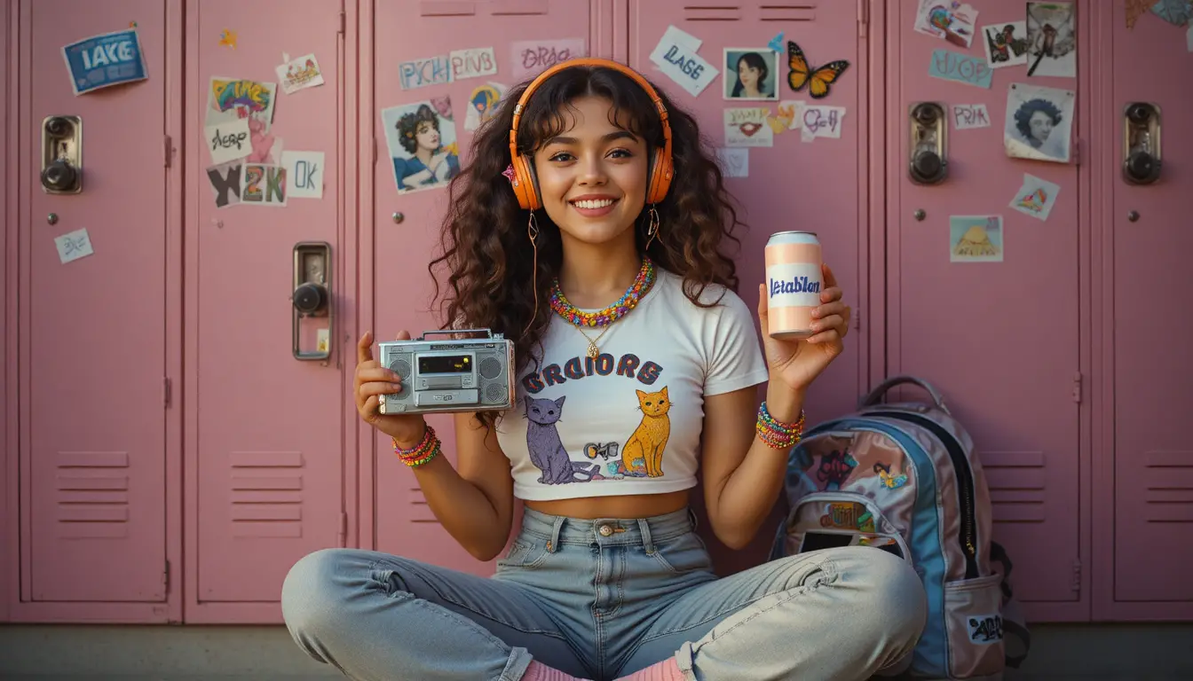 Smiling girl with Walkman in front of pink school lockers