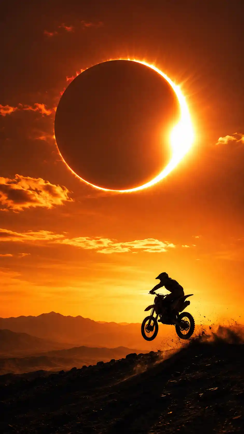 Motocross-Silhouette springt vor einer totalen Sonnenfinsternis