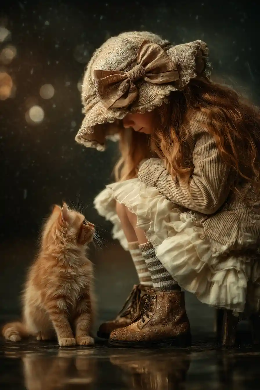 Girl in vintage dress meeting kitten on wet cobblestones