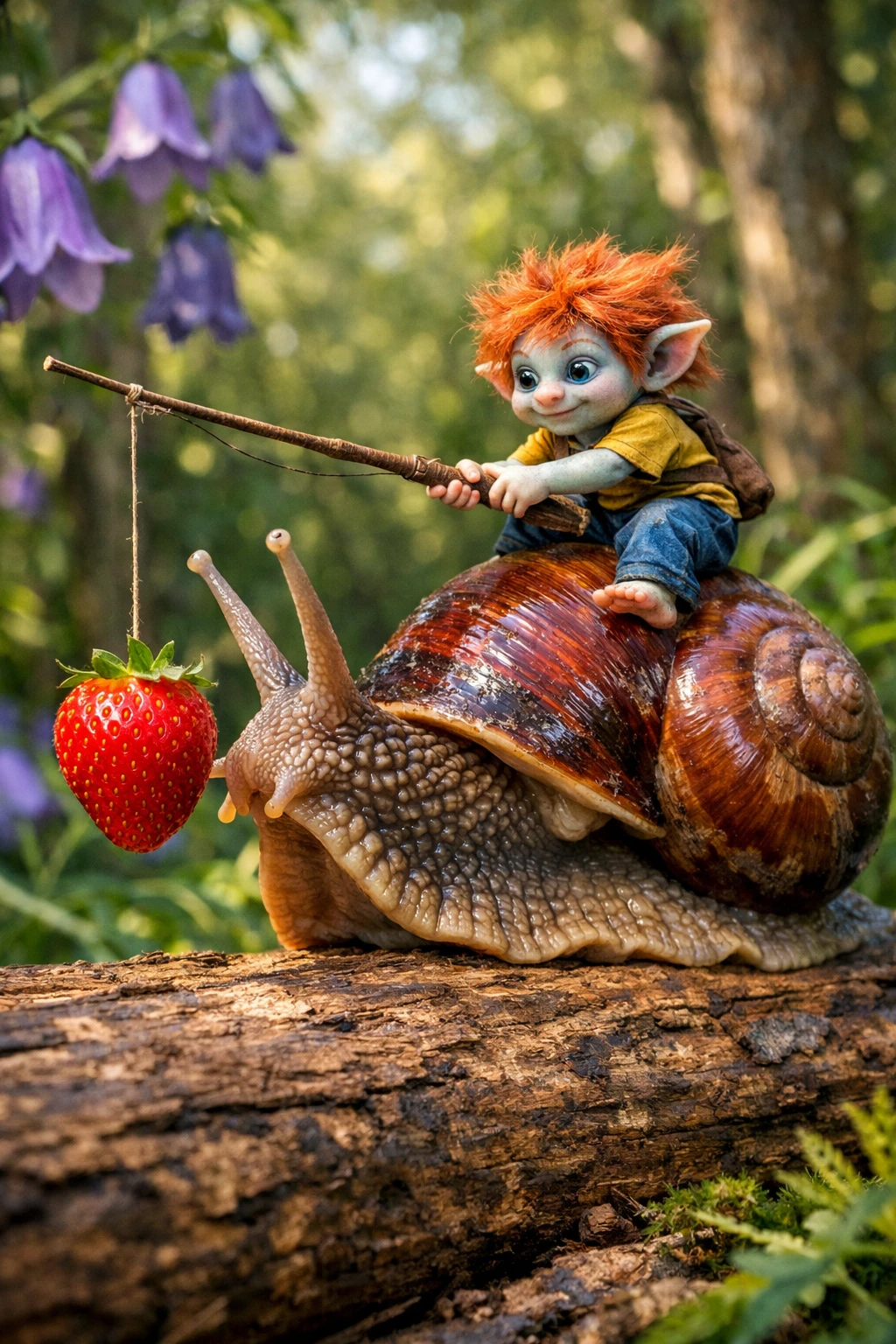 Tiny troll riding a giant snail through a forest