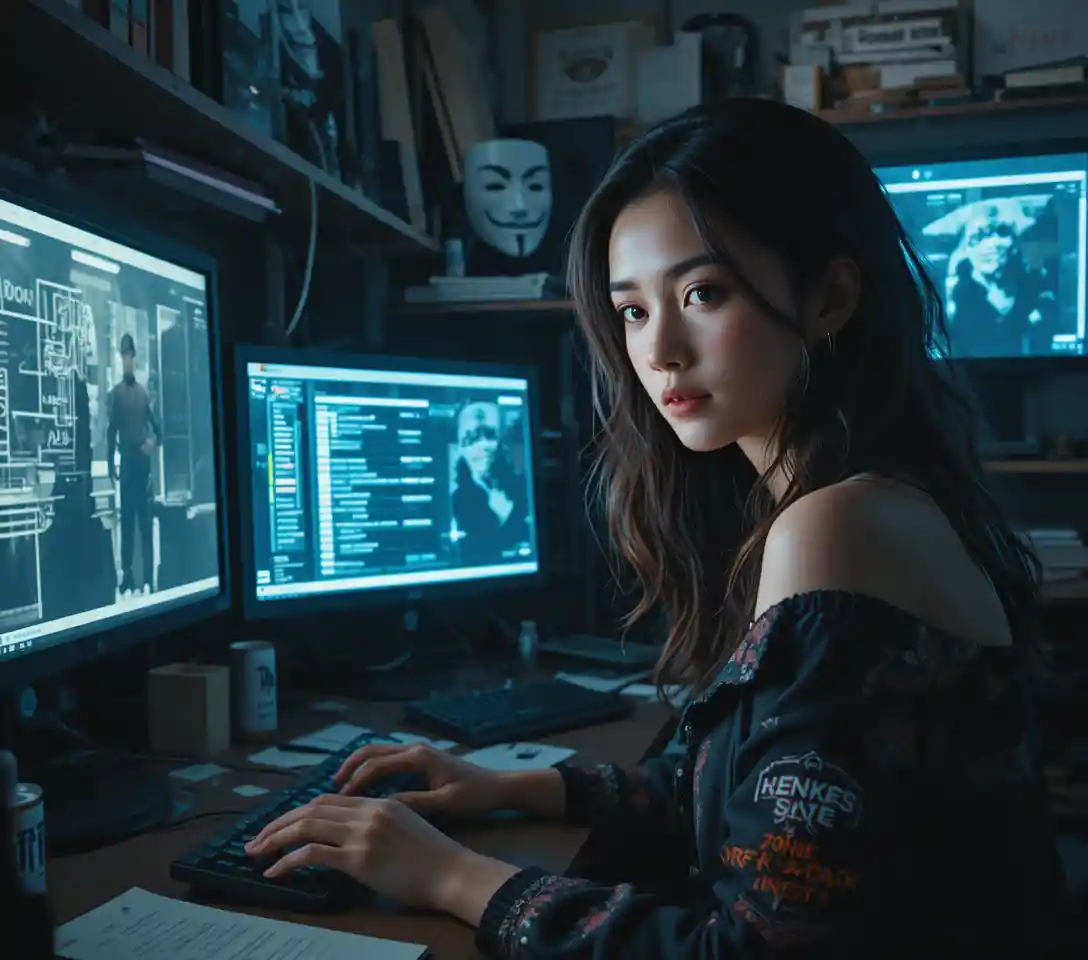Giovane hacker al computer in una stanza cyberpunk oscura