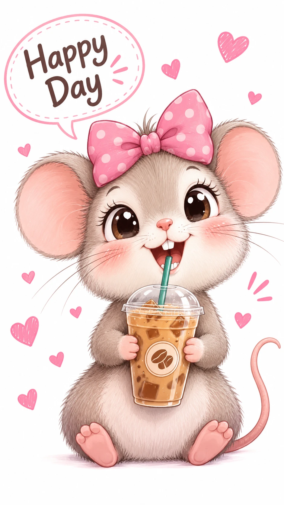Cute cartoon mouse with iced coffee and pink hearts