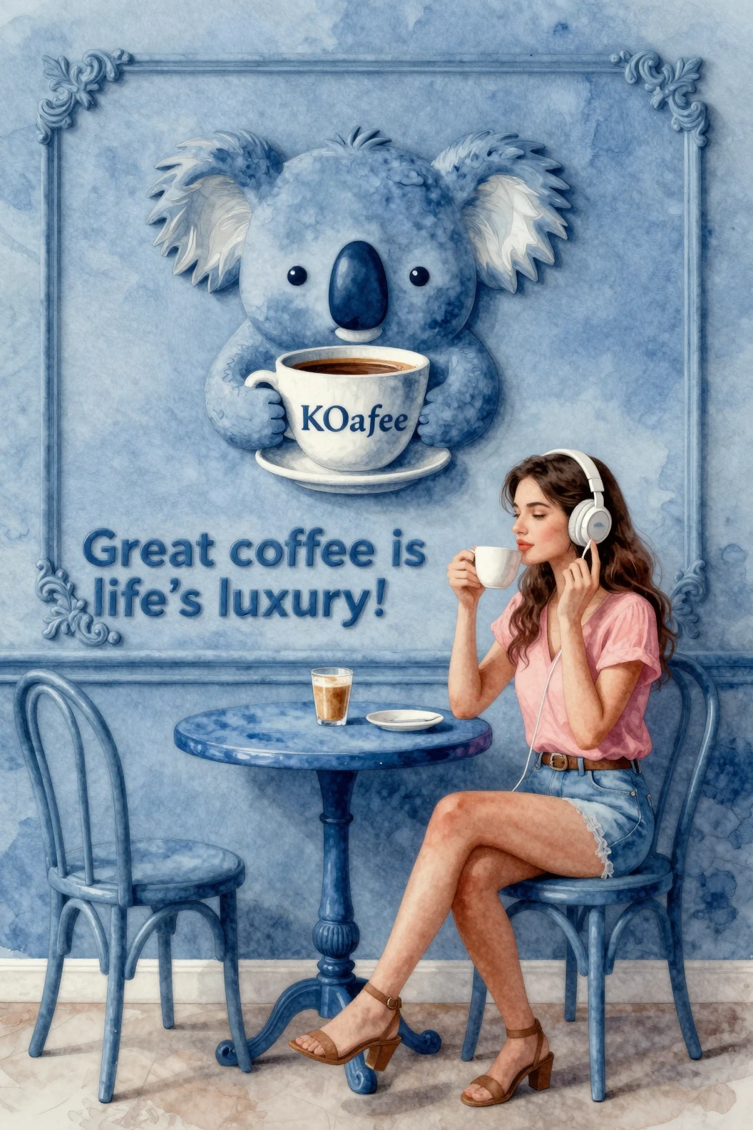 Young woman relaxing at a blue cafe table with coffee