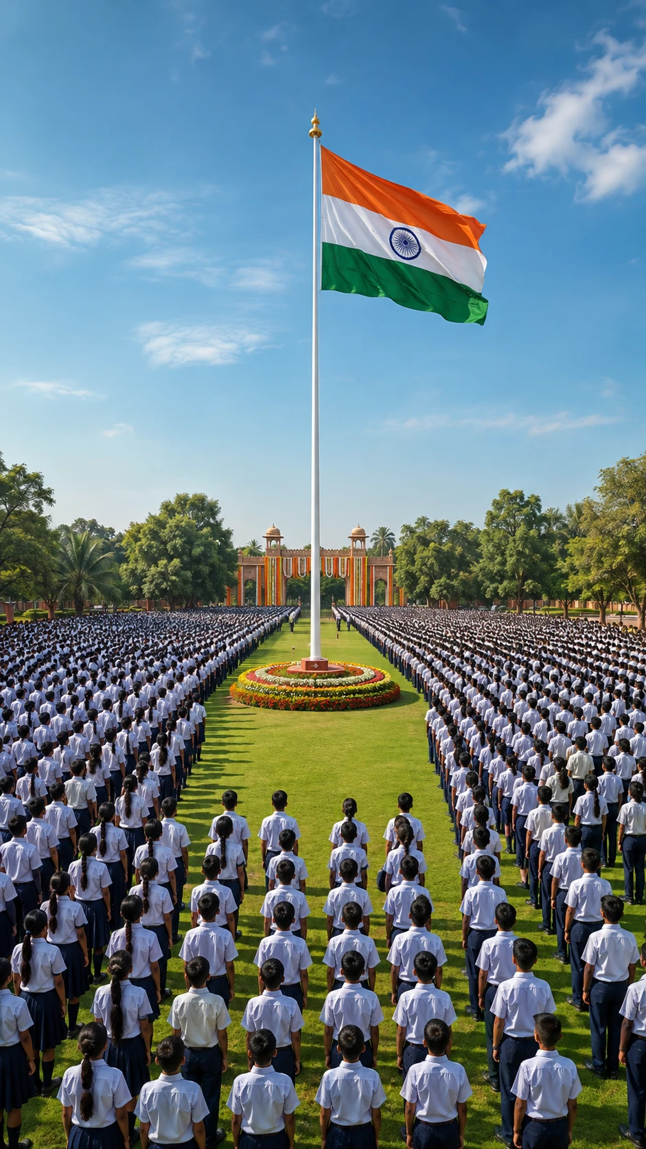 Indian school children gathered around a central national flag