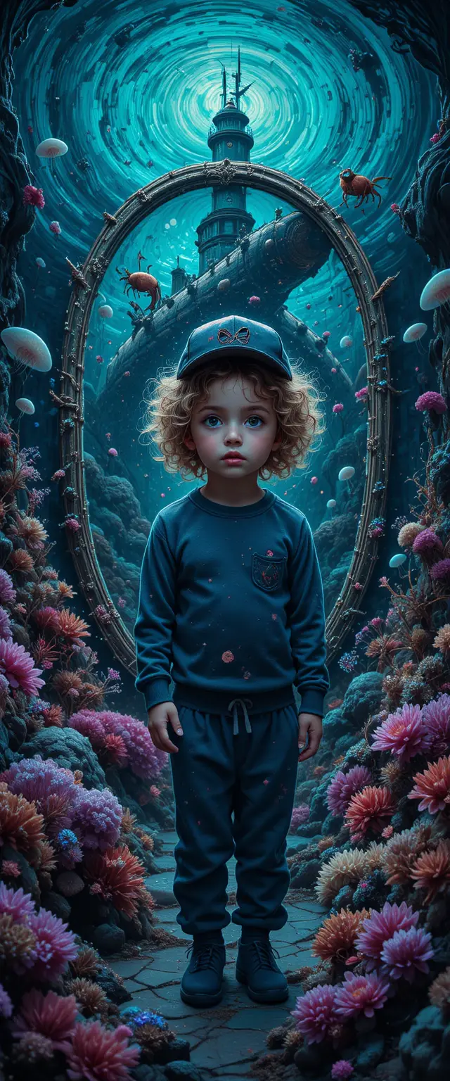 Young child in magical mechanical coral reef world
