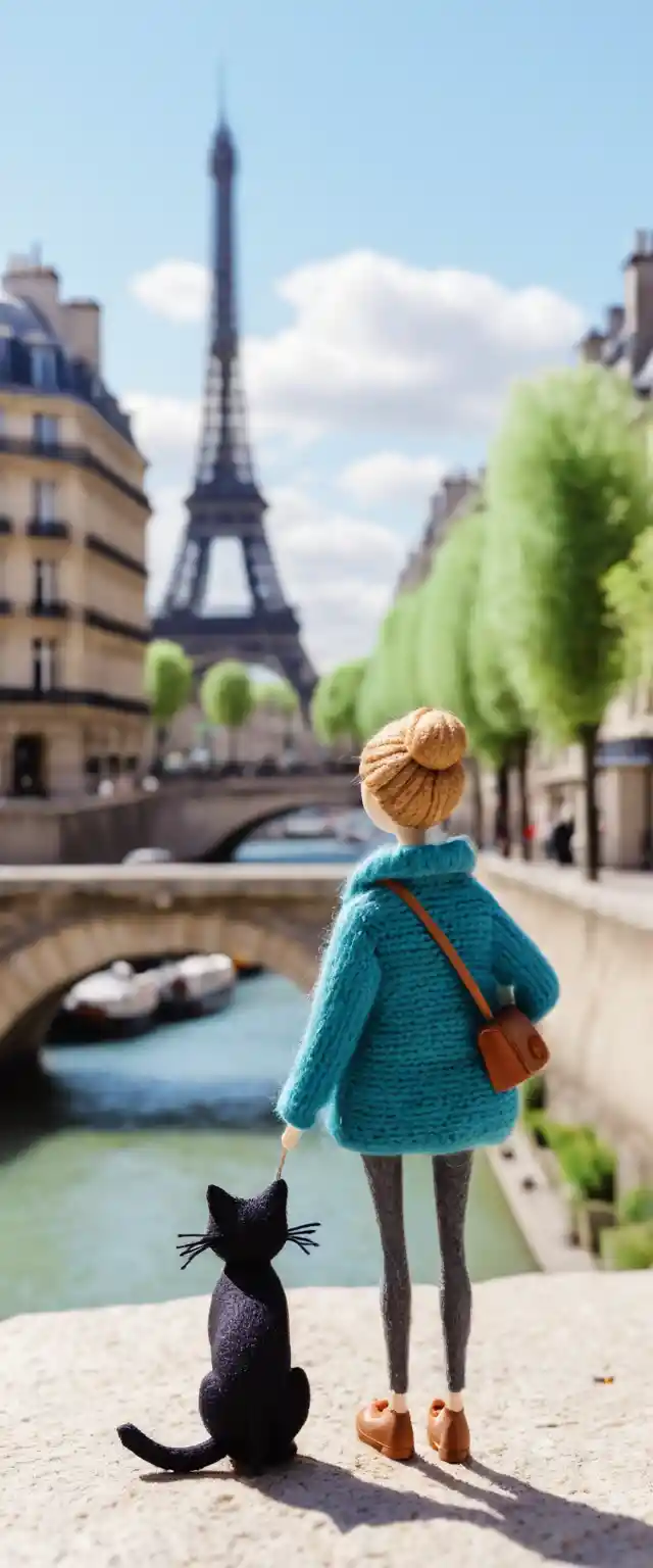 Mujer curvilínea en primer plano con un gato sobre el horizonte de París