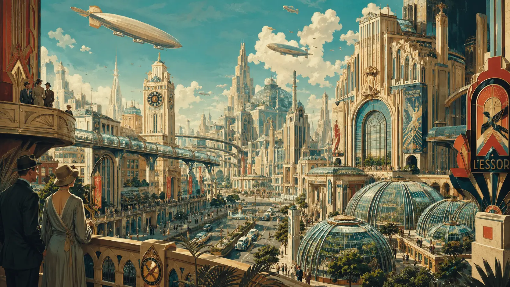 Retro futurist European city with soaring art deco towers