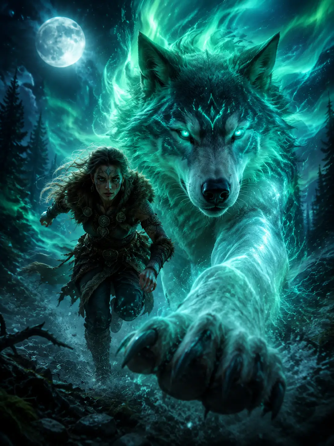 Woodland guardian charging alongside a spectral wolf