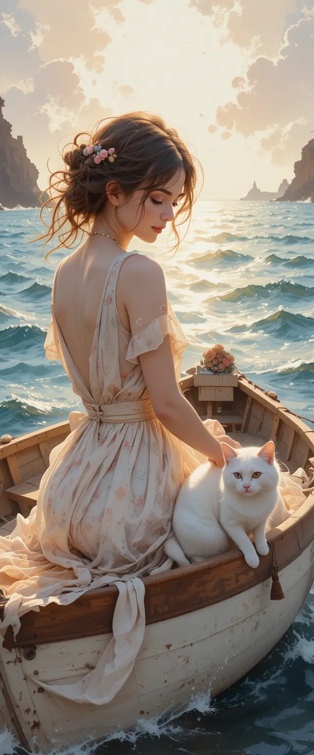 Woman and cat on a small boat in dreamy watercolor