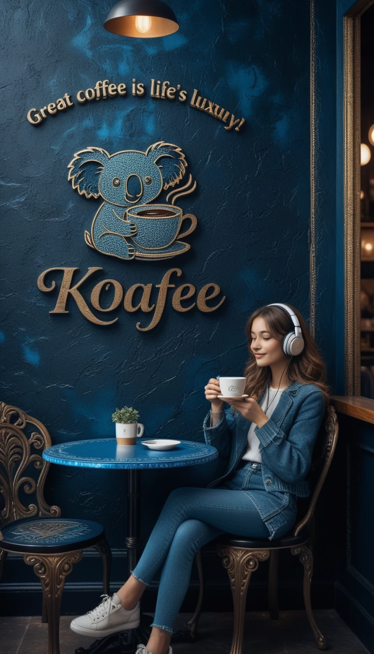 Young woman relaxing at a cafe table with headphones