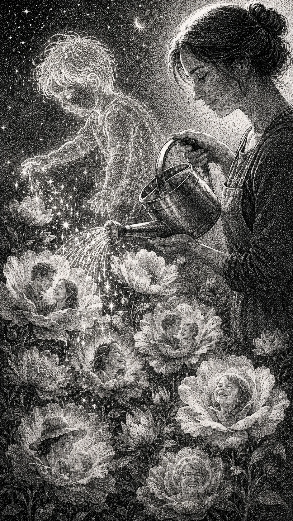 Woman Gently Watering Flowers In An Abstract Dreamlike Scene