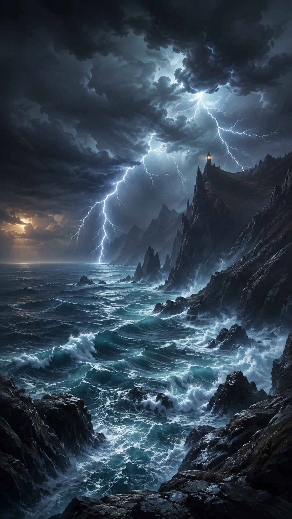 Stormy rocky coastline with lightning over swirling ocean