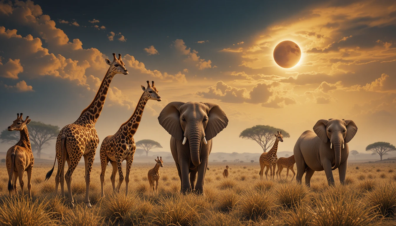 Luxury fashion scene in an African savanna eclipse