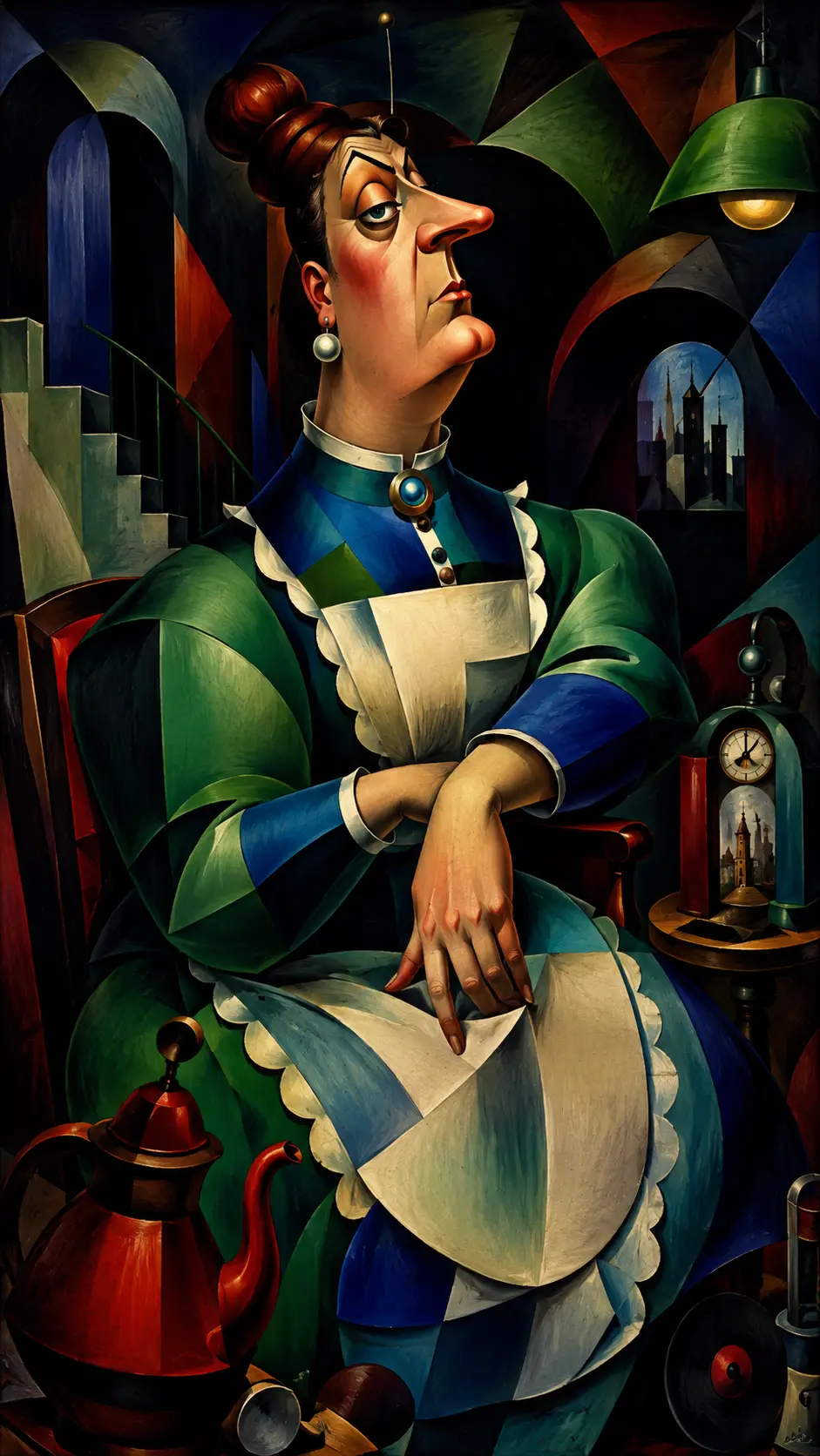 Surreal satirical portrait of a woman in bold primary colors