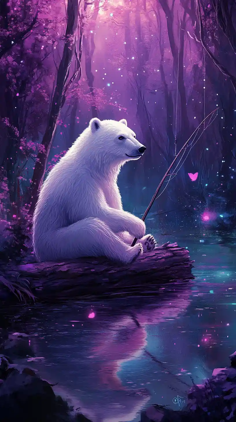 Orso polare che pesca su un tronco in una foresta notturna mistica