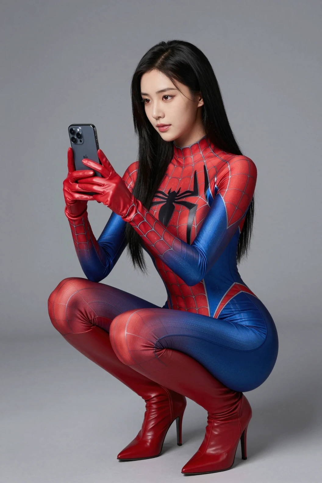 Asian woman in spider suit crouching with smartphone