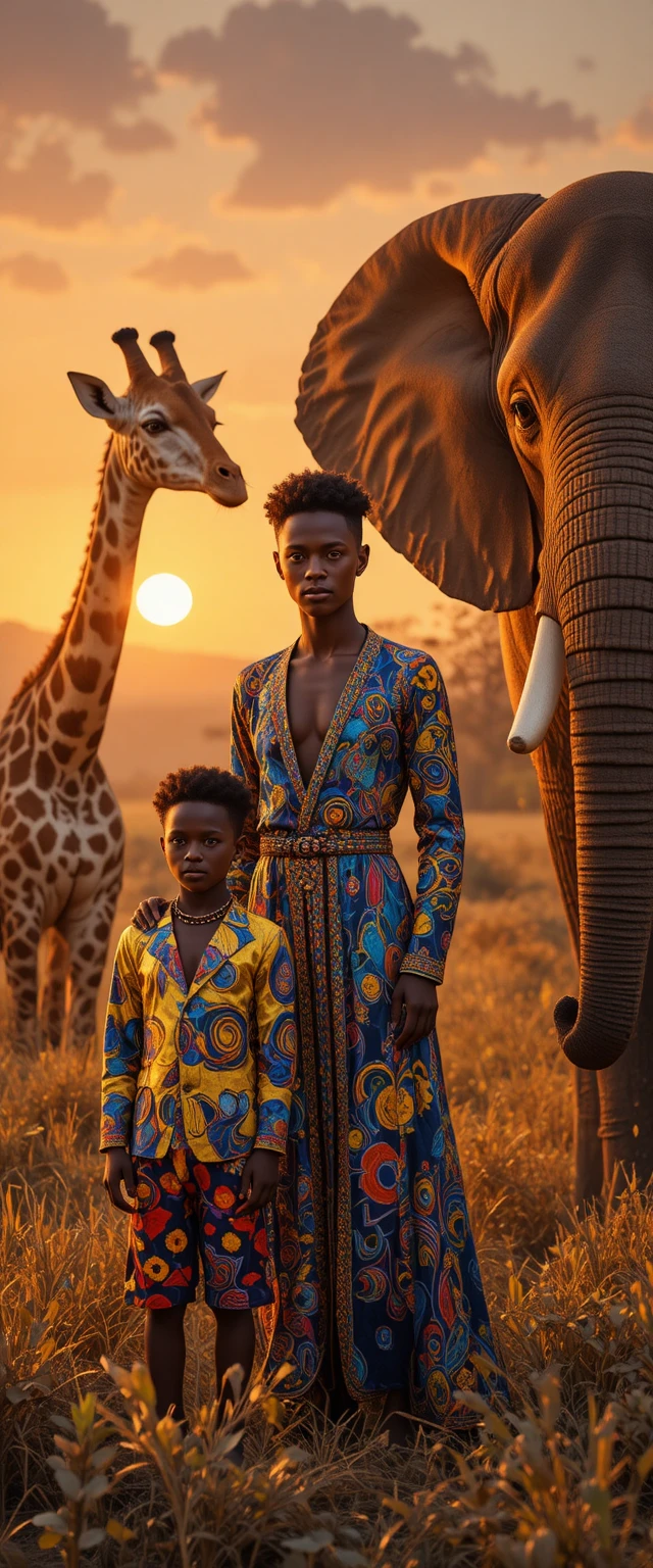 Luxury fashion villagers in colorful African savanna scene