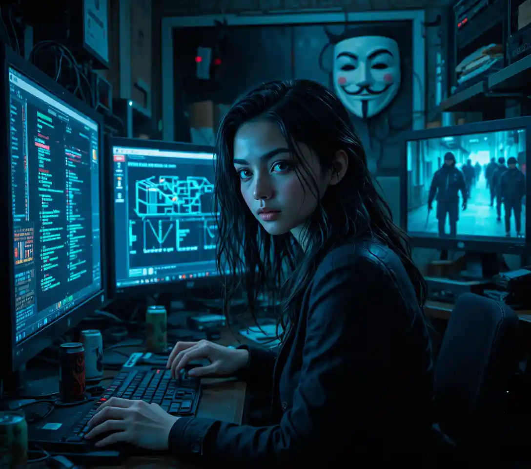 雑然としたサイバーパンク部屋でモニターに照らされた若いハッカー