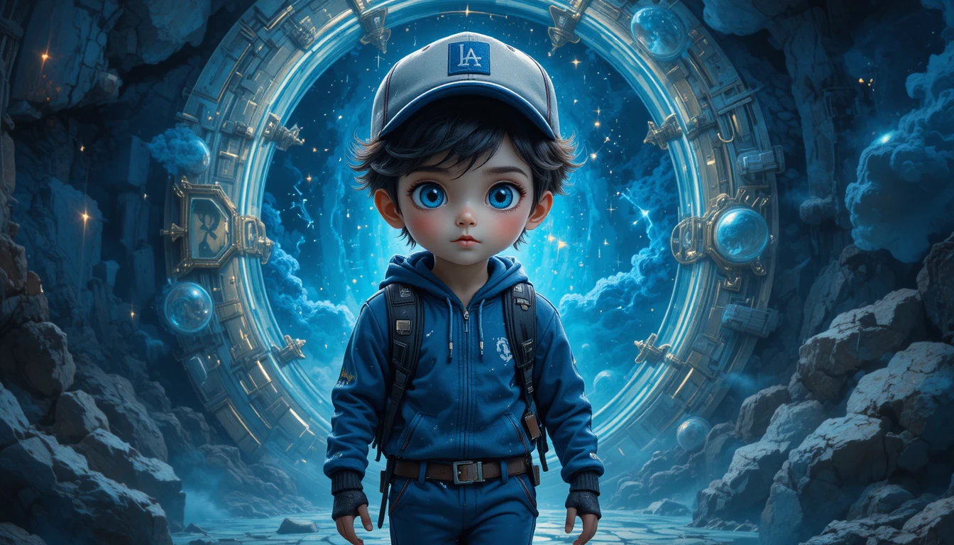 Young boy at a glowing magic door to the stars