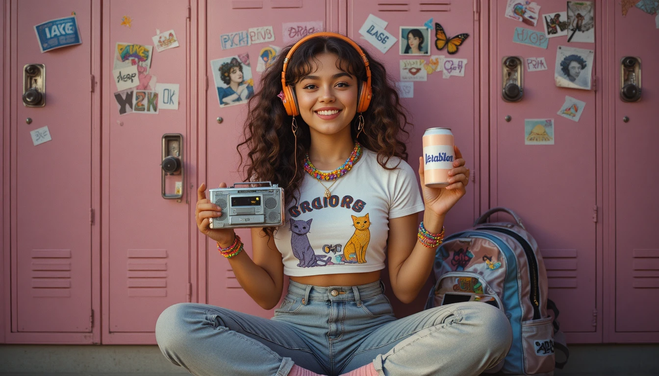 Smiling girl with Walkman in front of pink school lockers