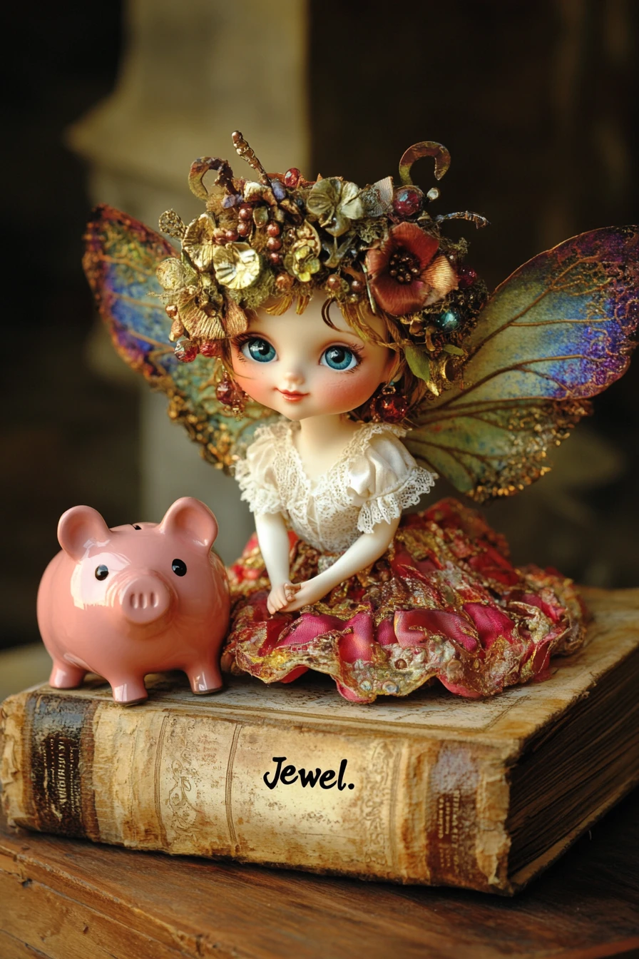 Whimsical fairy figurine and piggy bank on antique book