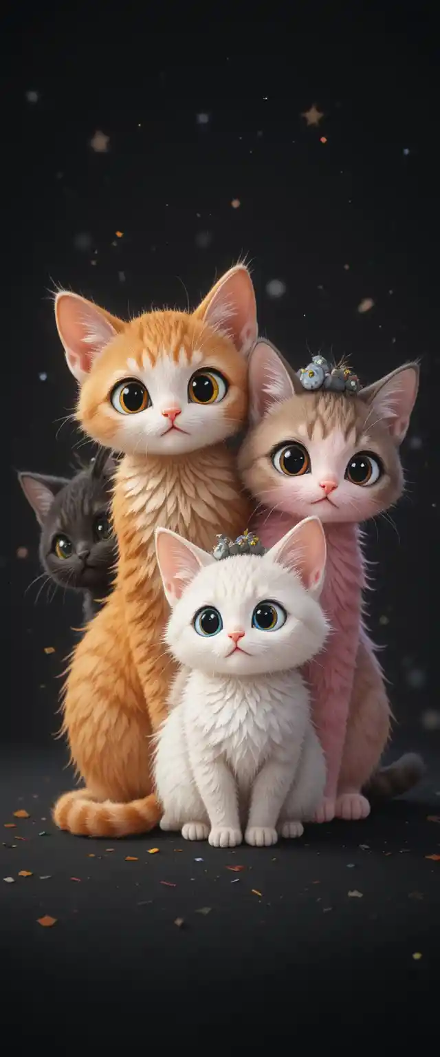 Torre de cuatro adorables gatos de dibujos animados sobre fondo oscuro