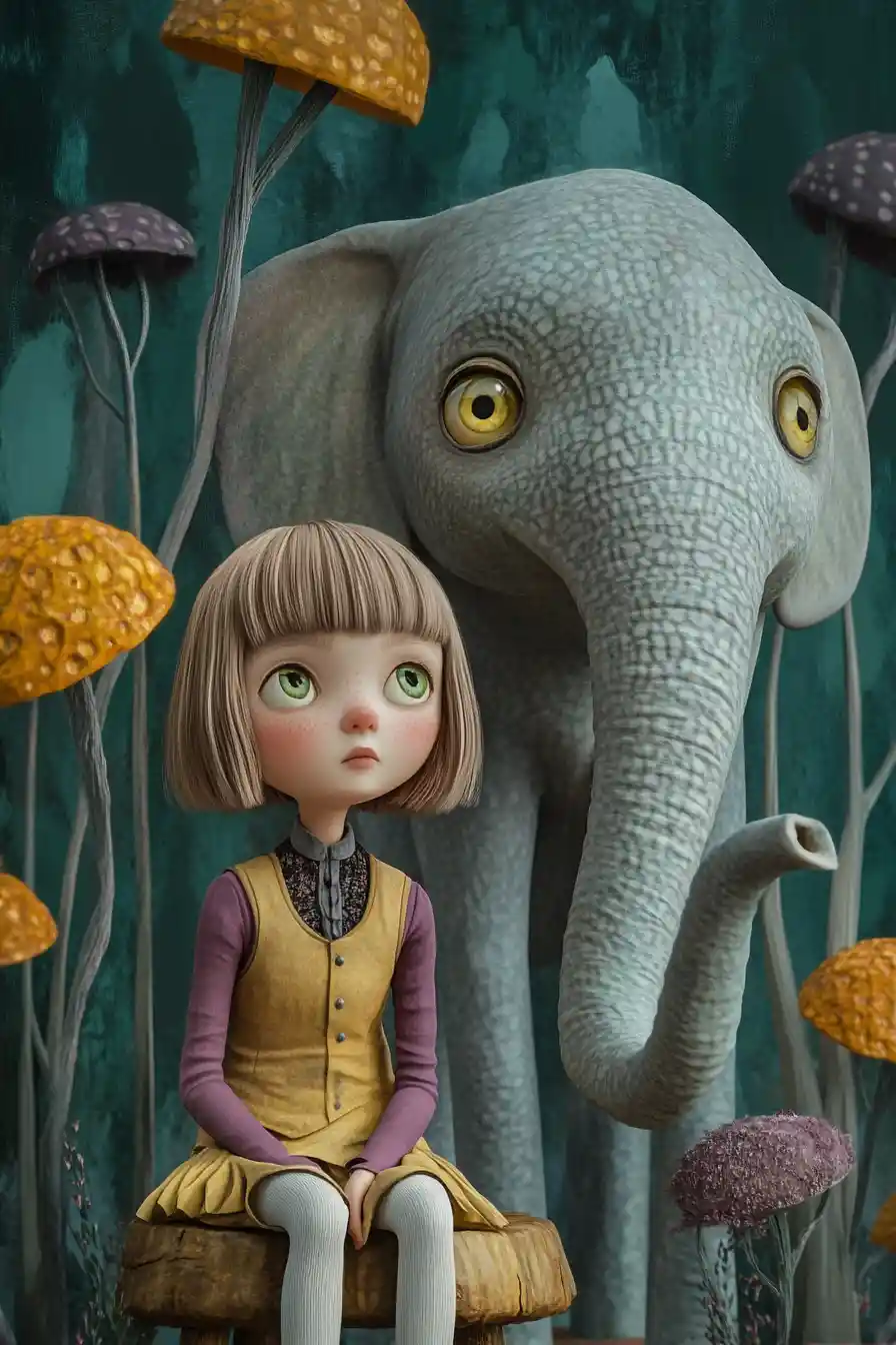 Girl and gentle elephant in a whimsical fantasy forest