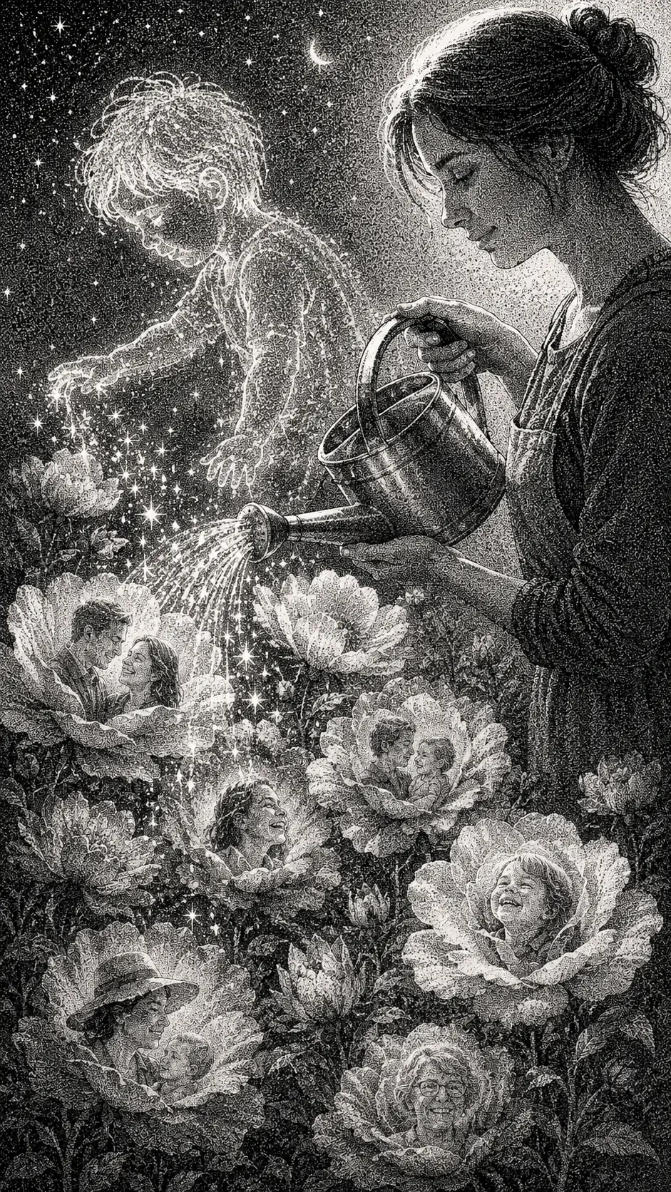 Woman Gently Watering Flowers In An Abstract Dreamlike Scene